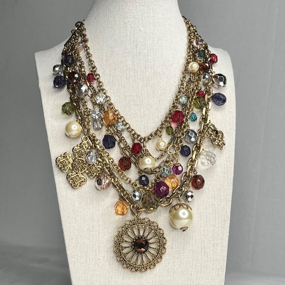 Multi-Strand Gold Chain Necklace With Colorful Beads Faux Pearls - Picture 4 of 4